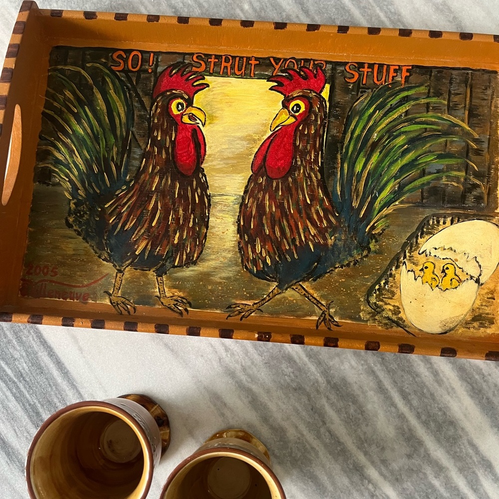 Americana look country look hand made acrylic painted serving tray pier 1 mugs